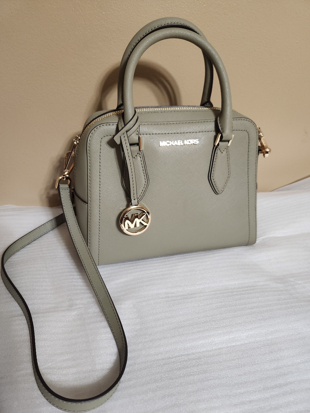 Michael Kors Sage Saffiano Leather Satchel with Gold Accents